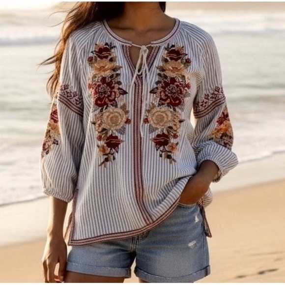 Johnny Was Tops - Johnny Was Embroidered Artemis Peasant Top Sz S 42" Bust Striped Art to Wear